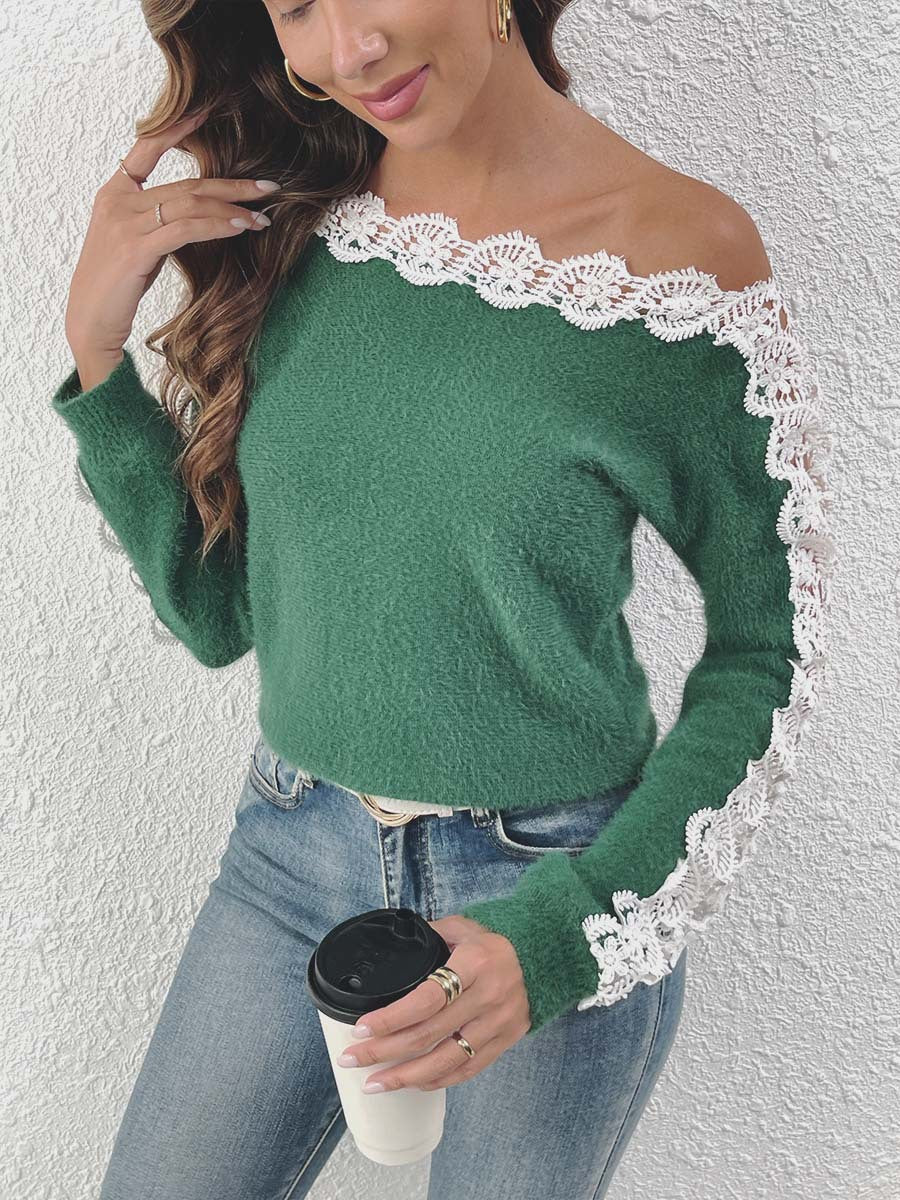 Stylish Lace-Panel Off-the-Shoulder Womens Sweater