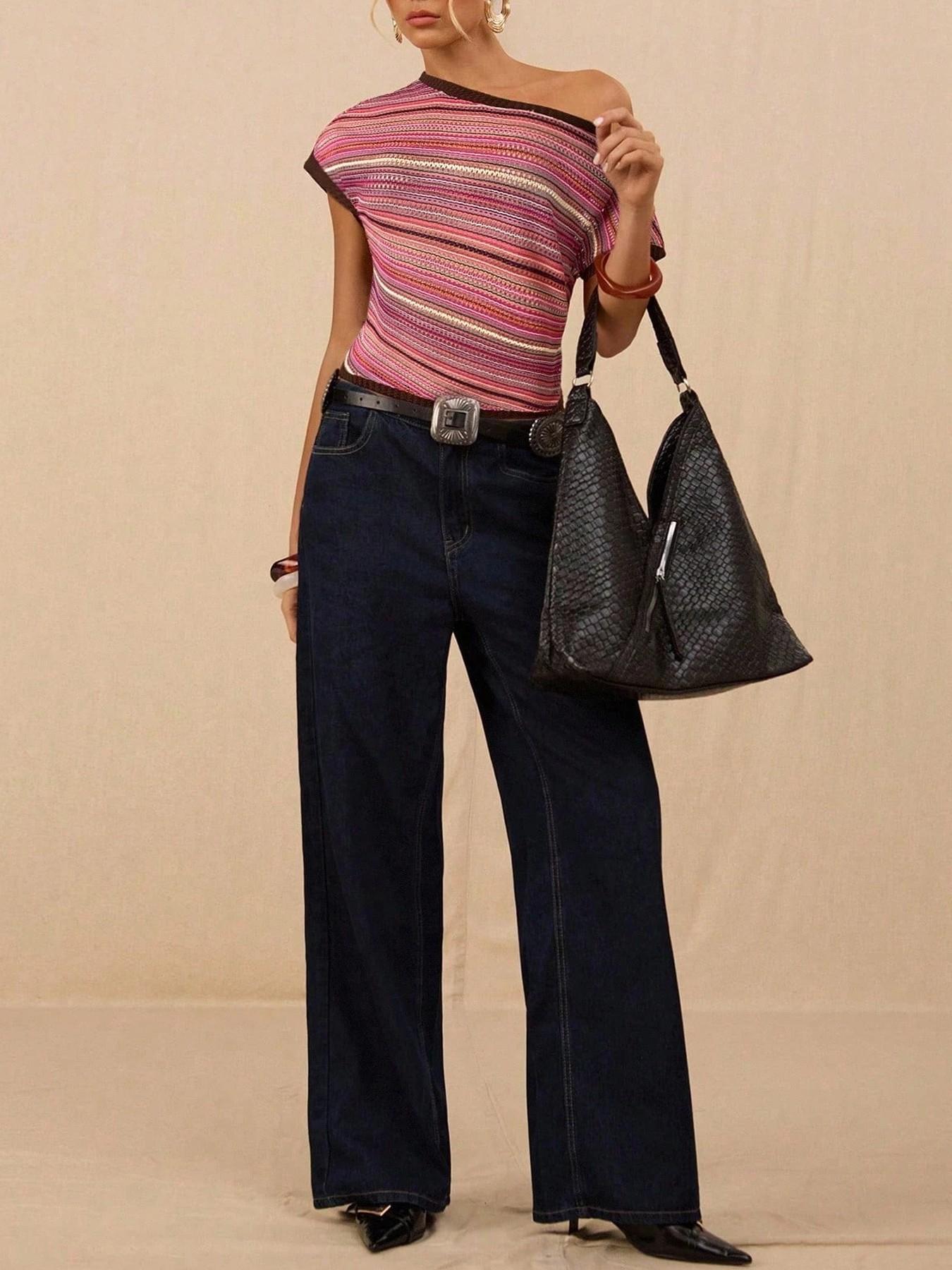 Retro Colorful Knit Top Slim-fit Contrast-color Short Sleeves