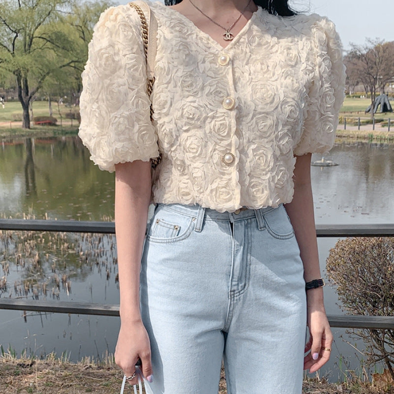 Women's V-neck Three-dimensional Rose Large Pearl Buckle Short-sleeved Shirt