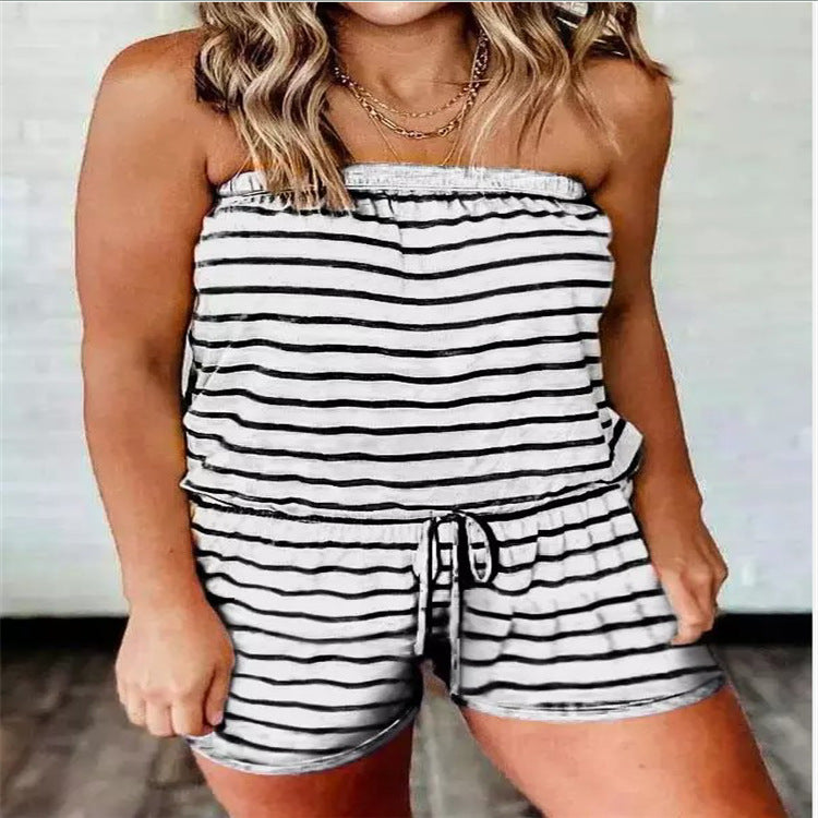 Womens Striped Printed Strapless Jumpsuit