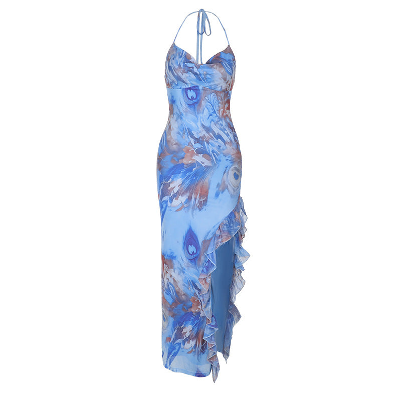 Women's Fashionable Printed Strap Split Dress