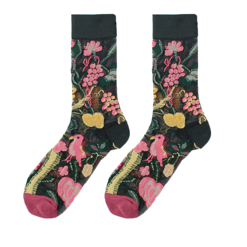 Thin Mid Tube Fashion Style Flower Forest Glass Stockings