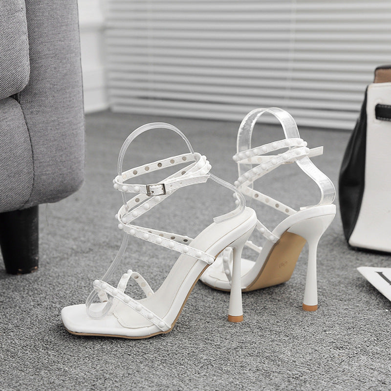 Women's Cross Strap Slip-on Square Toe Spray Paint Stiletto High Heel Sandals