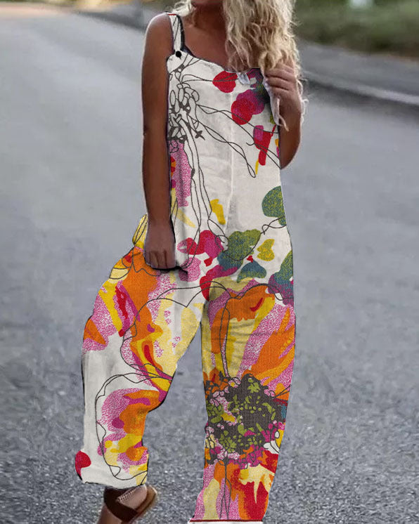 Printed Suspenders Casual Jumpsuit Beach Pants