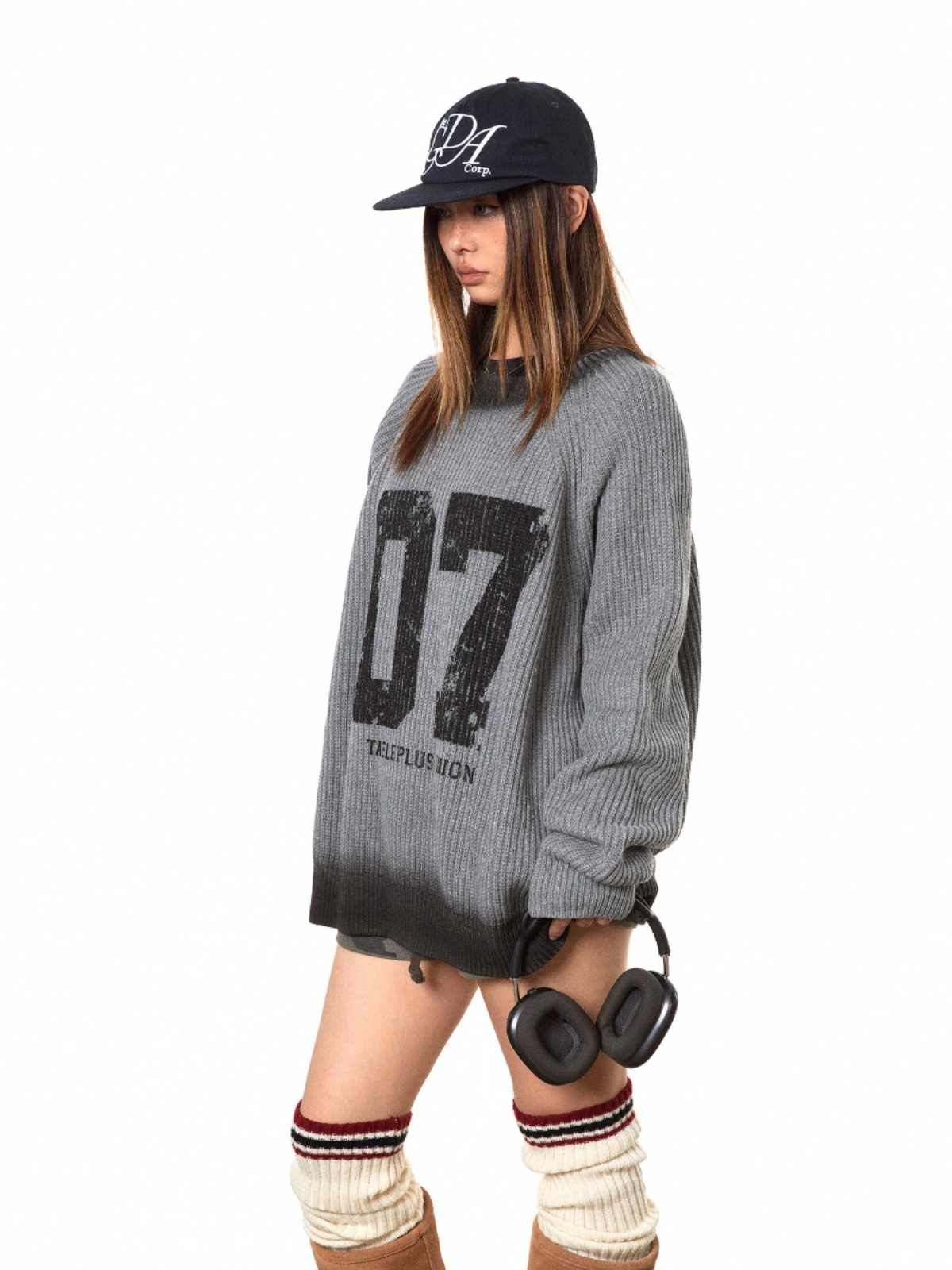 Bedford Cord Letter Printed Thickening Loose Sweater