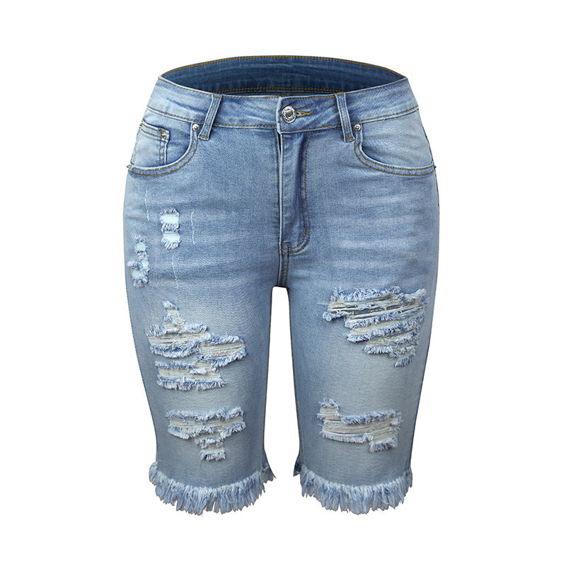 High Stretch Trousers Mid-rise Five-point Pants Ripped Jeans