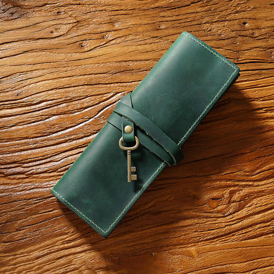 Vintage Cowhide Pen Bag Three Fold Pen Clip Rolling Shutter Stationery