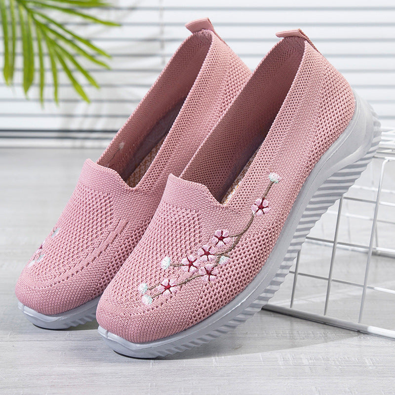 Flower Embroidery Flats Summer Walking Shoes Women's Mesh Breathable Casual Shoes