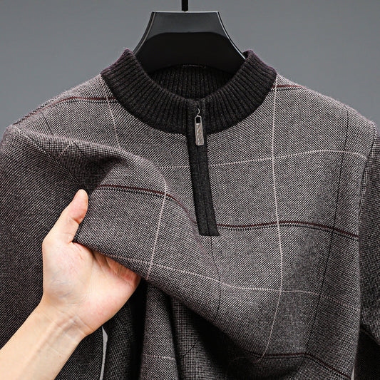 Mens Stylish Plaid Half-zip Knit Sweater
