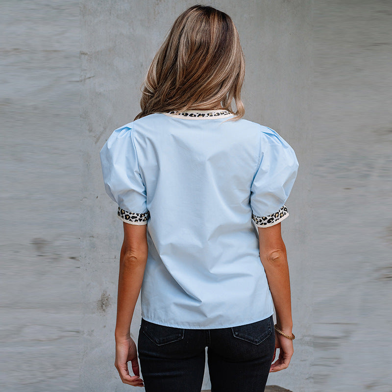Pullover V-neck Puff Sleeve Chiffon Shirt