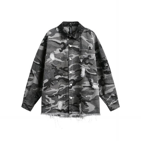 Amerikansk Retro Loose Heavy Industry Distressed Camouflage Langærmet Skjorte