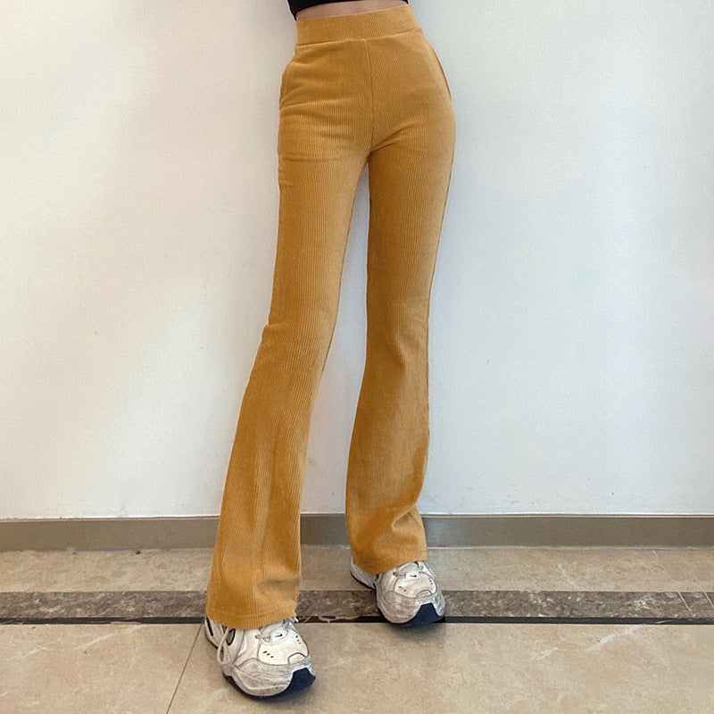 Women's High Waist Pockets Loose And Slim Corduroy Casual Trousers