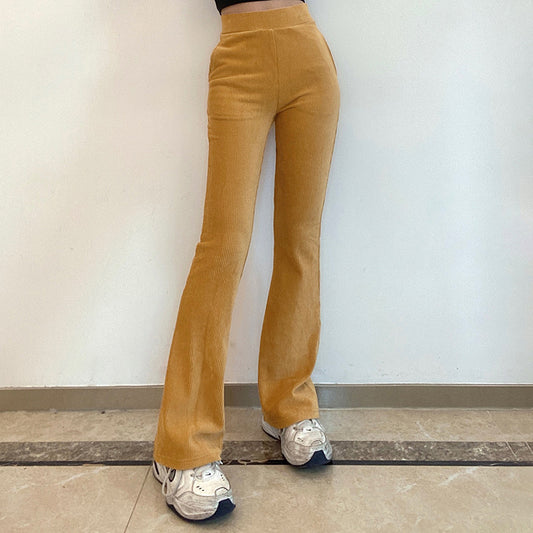 Women's High Waist Pockets Loose And Slim Corduroy Casual Trousers