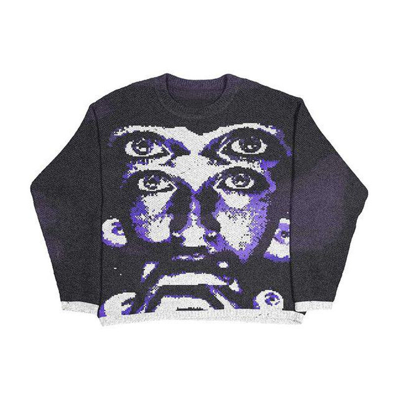 Jacquard Round Neck Loose Couple Dark Pullover Sweater