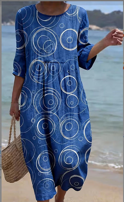 Women's Loose Round Neck Fashion Premium Long Sleeve Printed Dress