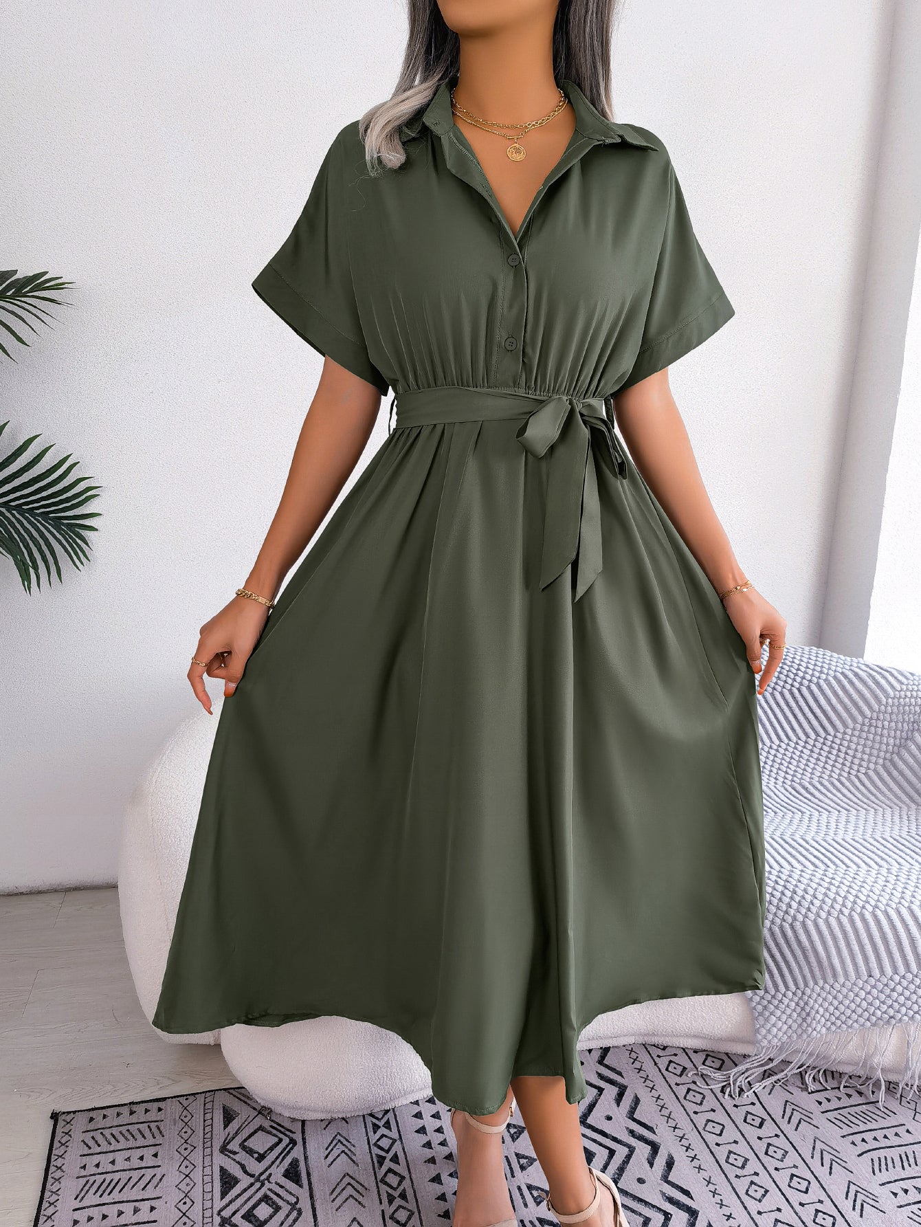 Women  Casual Loose Solid Color Tie Waist Shirt Maxi Dress