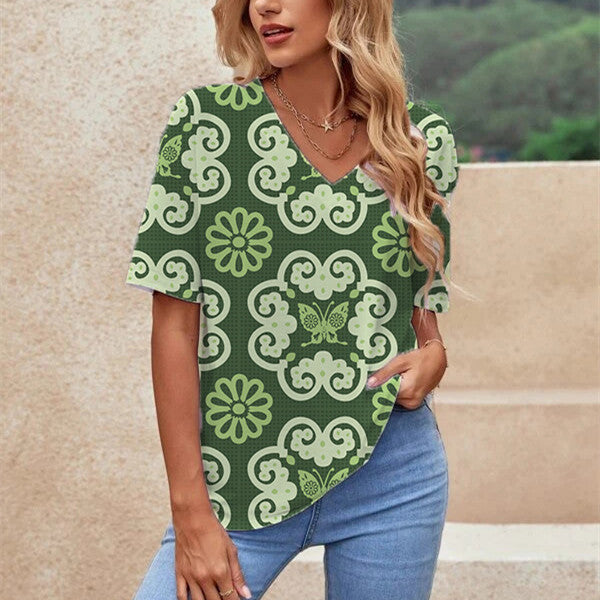 Printed Short Sleeve Urban Loose Casual Women's V Neck T Shirt