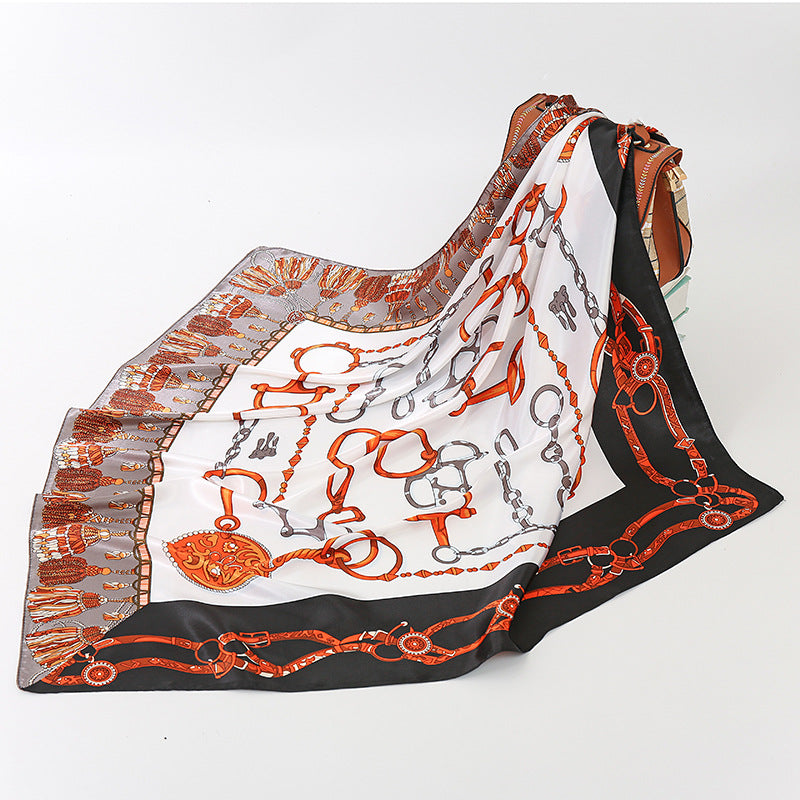 Horseshoe Buckle Stitched Fringed Print Scarf Women's Headscarf