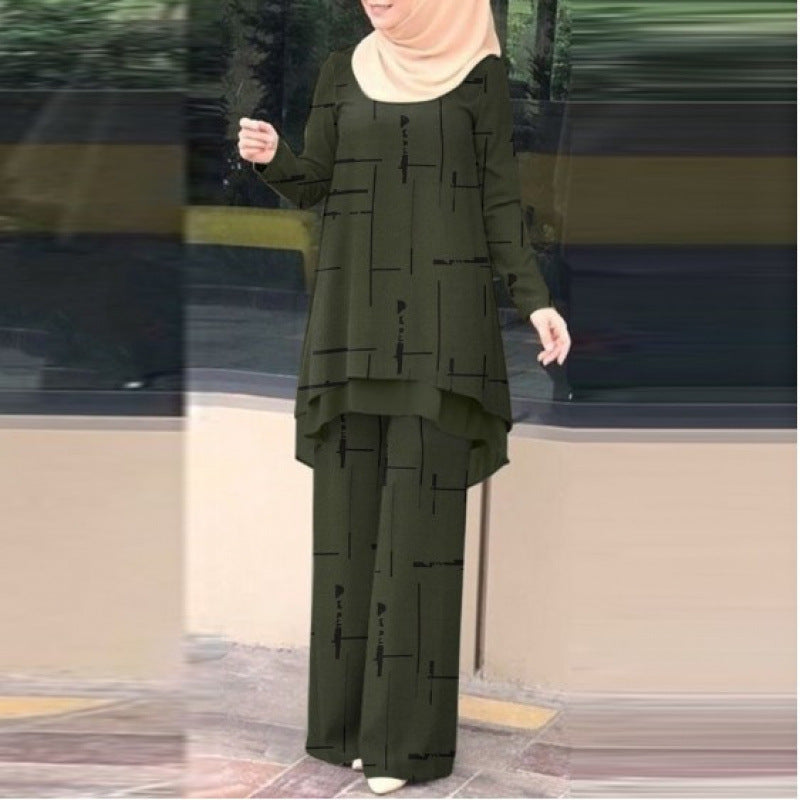 Womens Double-Layer Vertical Stripe Four-Way Stretch Printed Chiffon Set With Elastic Waistband