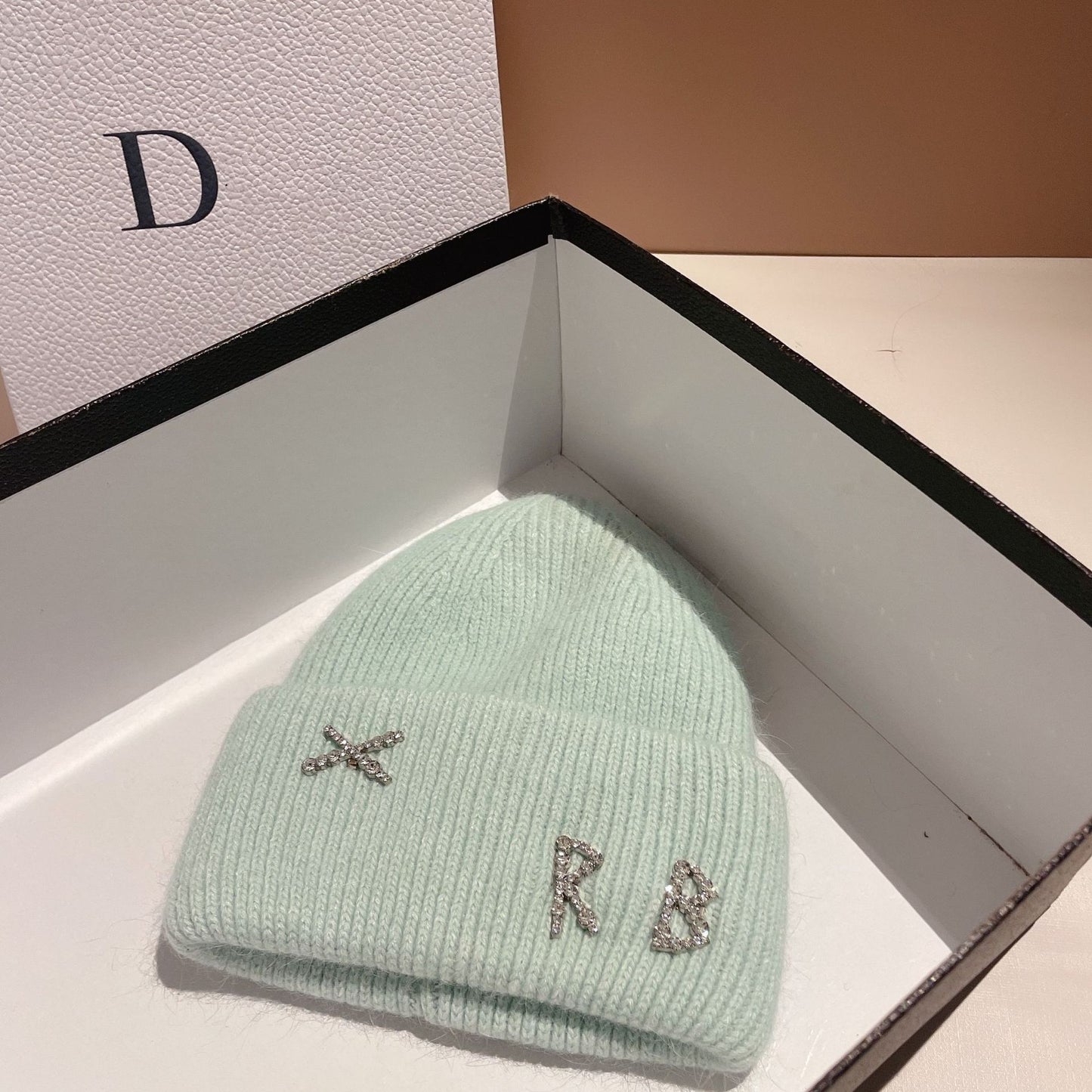 Winter RB Letter Fashion Rabbit Fur Knitted Warm Hat Female
