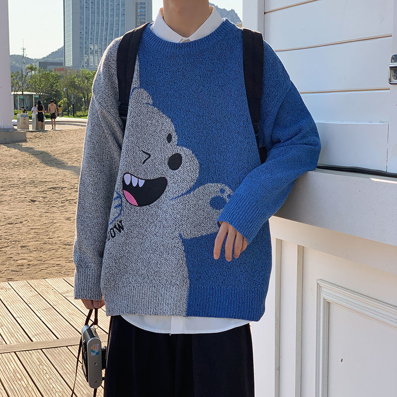 Sweater Boys Loose Korean Version Plus Velvet Thickening Trend Personality Bear Bottoming Sweater