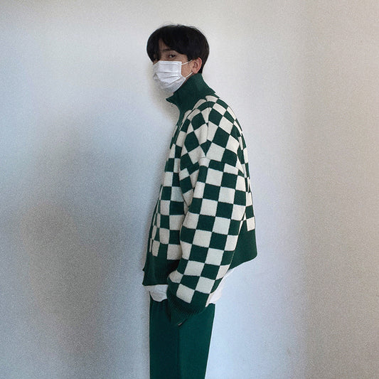 Checkerboard Sweater Men's Loose Trend Stand Collar