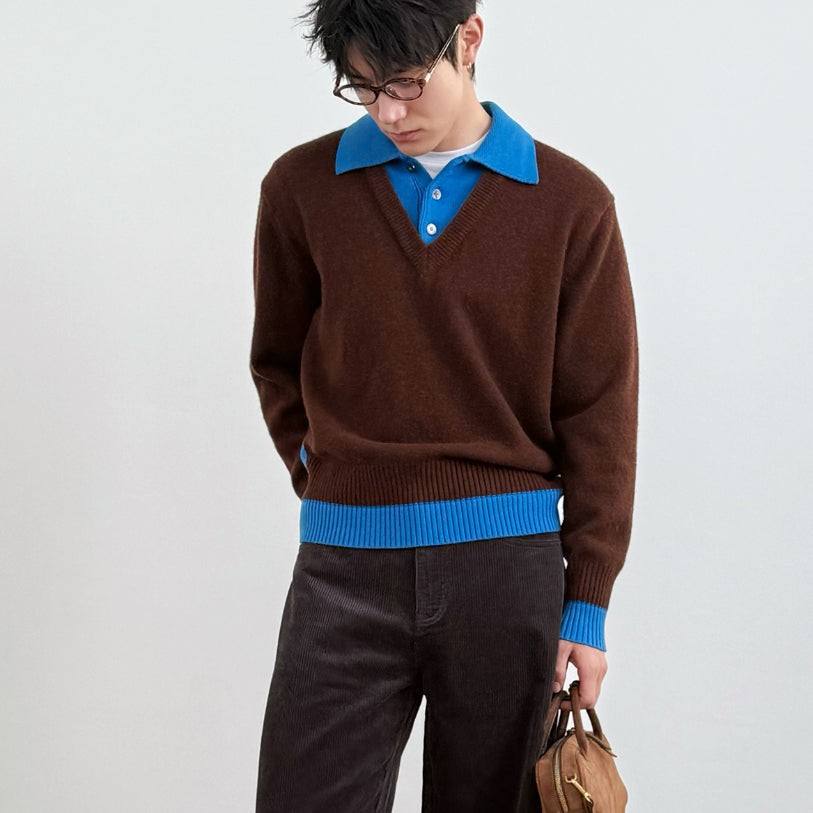 Two-piece-style Sweater With A Contrasting-color Lapel Neckline