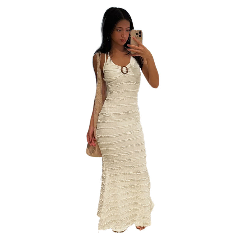 Womens Wave-Pattern Lace-up Halter Dress