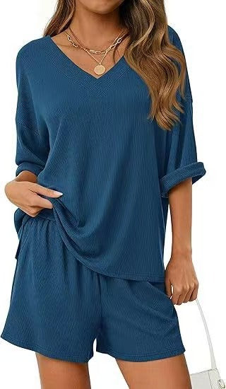 Womens Casual Commuter Two-Piece Set Short-Sleeve T-Shirt And Cropped Shorts