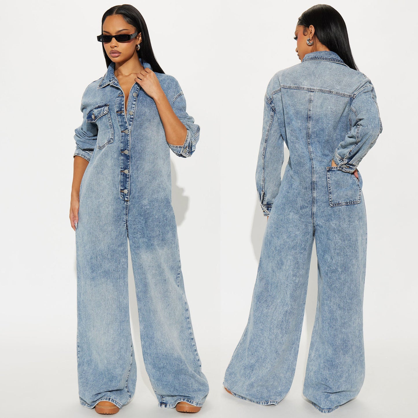 Stretchy Flared-leg Washed Denim Jumpsuit With Long Sleeves