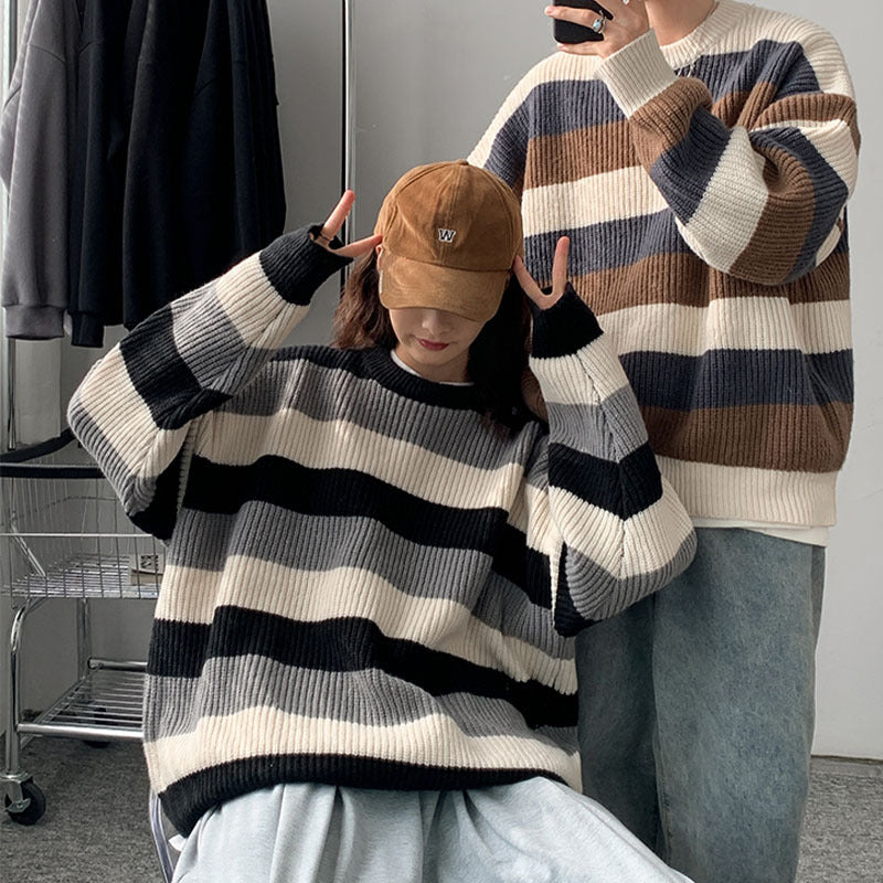 Thick Striped Sweater Men's Loose Round Neck Sweater