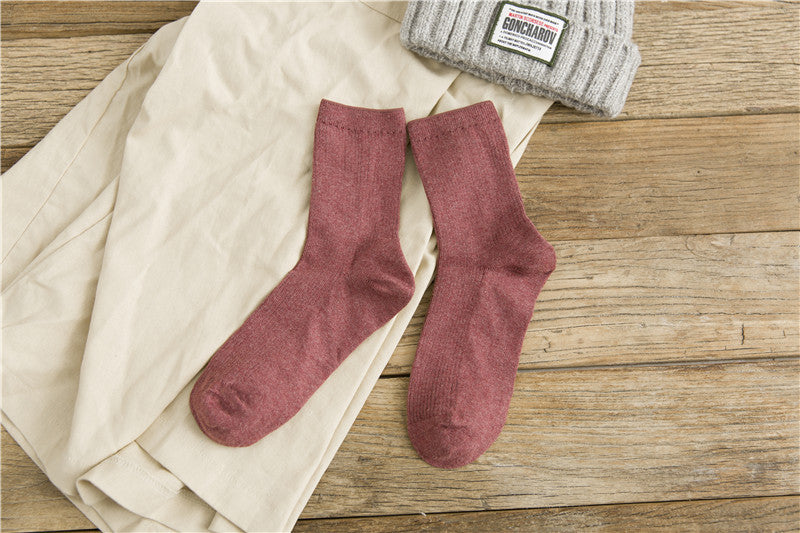 Japanese Retro Solid Color Double Needle Women's Mid-tube Cotton Socks