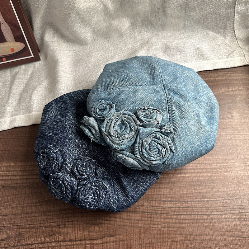 Korean Style Early Autumn New Rose Flower Embroidery High-grade Sense Elegance Retro Small Face Beret