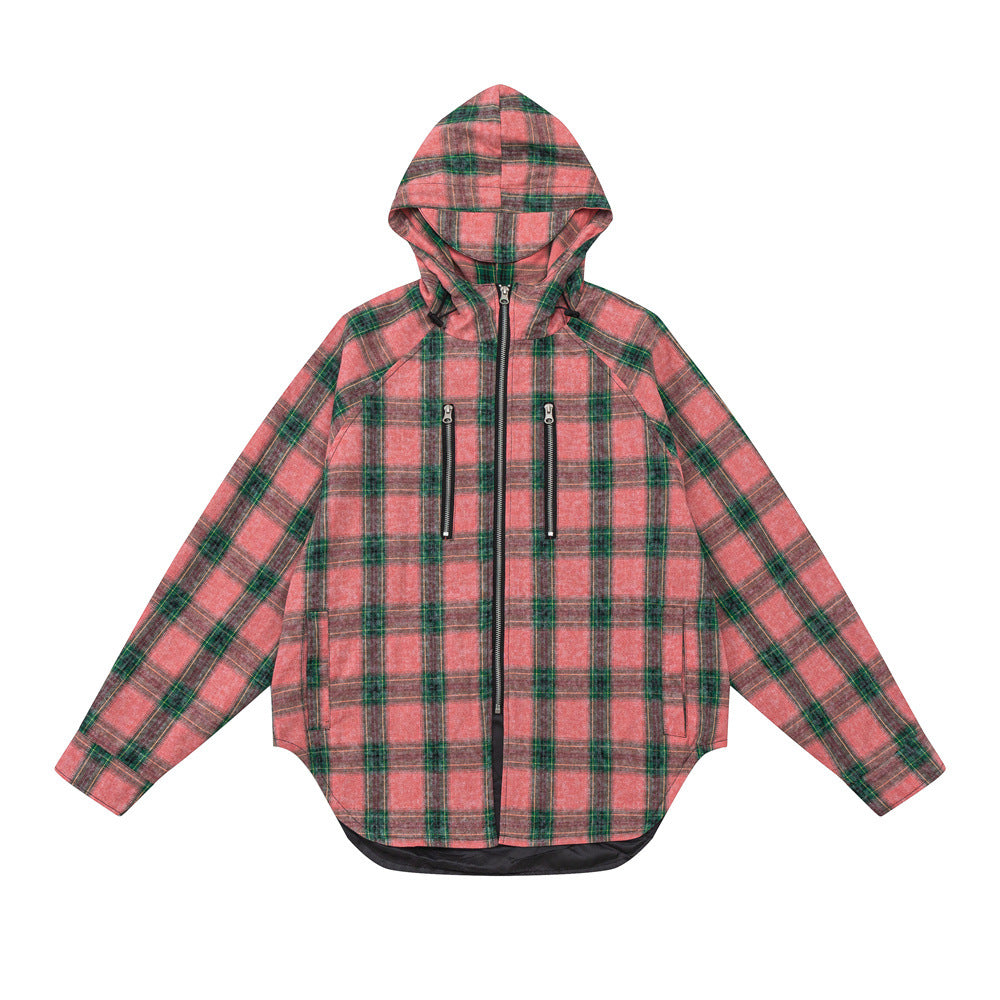 European And American Style Plaid Long Sleeve Hooded Shirt Coat