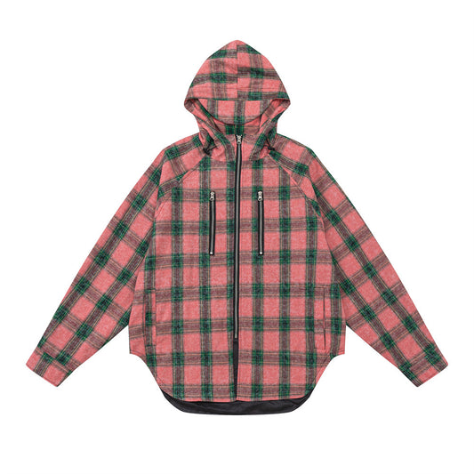 European And American Style Plaid Long Sleeve Hooded Shirt Coat