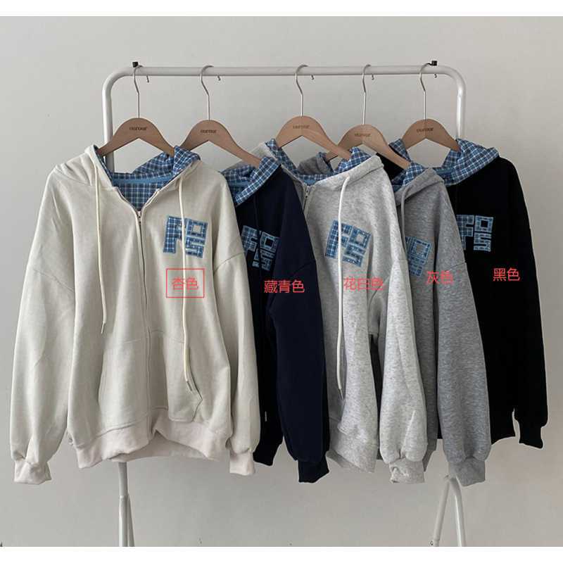 Koreansk stil efterår, nye maskinbroderede bogstaver, retro ternet lynlåstrøje