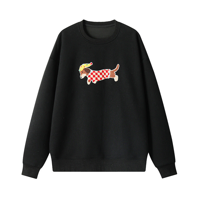 Korean Style Fluffy Dachshund Towel Embroidery Pullovers New