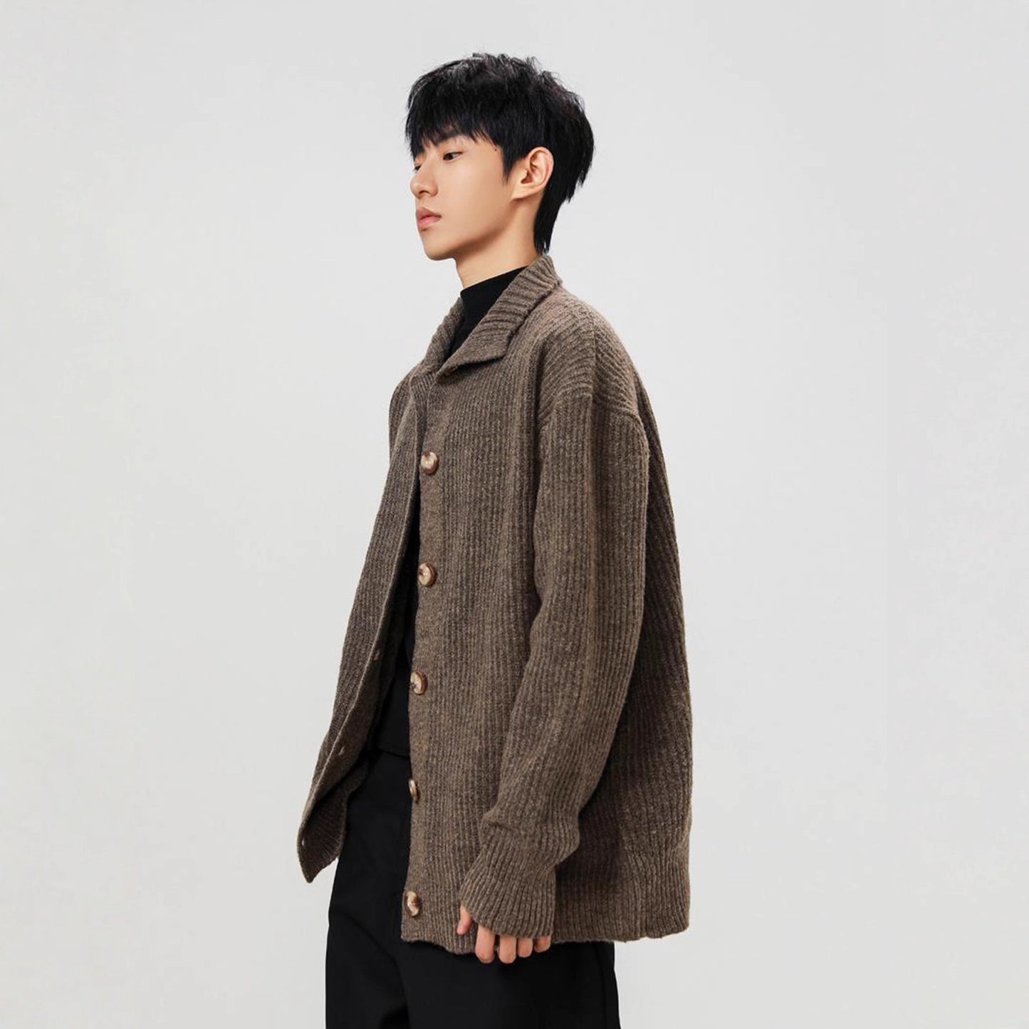 Mens Americanstyle CoffeeColored StandUp Collar Knit Sweater Coat