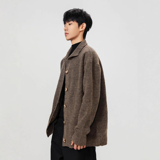 Mens Americanstyle CoffeeColored StandUp Collar Knit Sweater Coat