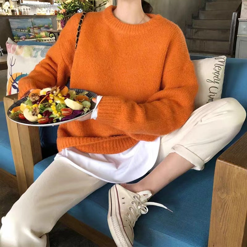 Solid-color Knitted Pullover Sweater For Women Korean Style Autumn Winter