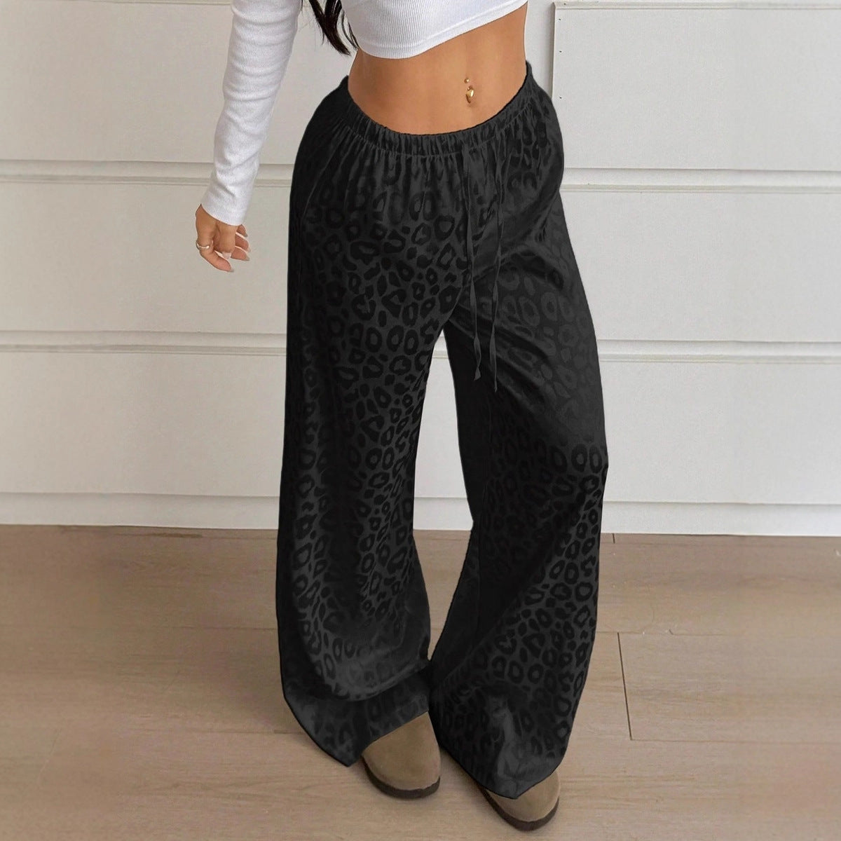 Drawstring Leopard Print Mop Wide Leg Pants