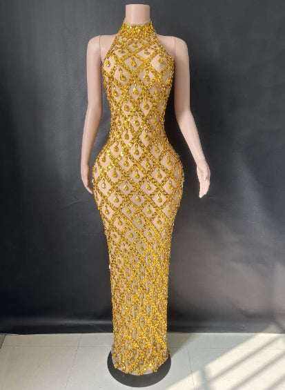 Shimmering Rhinestone High-neck Sleeveless Sexy Mesh Sheer Plaid Evening Gown