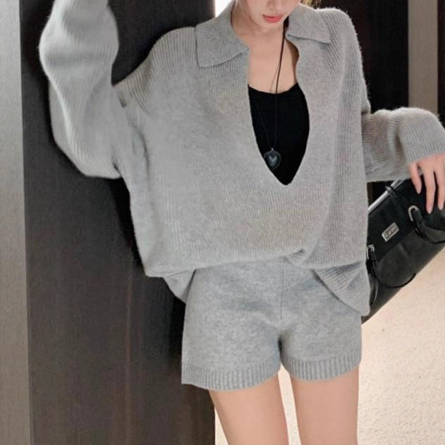 Dame V-hals Sweater Sæt Løs Sweater Shorts