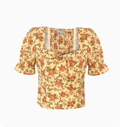 Printed Regal-style Square-neck Tie-front Slim-fit Short-sleeve Shirt
