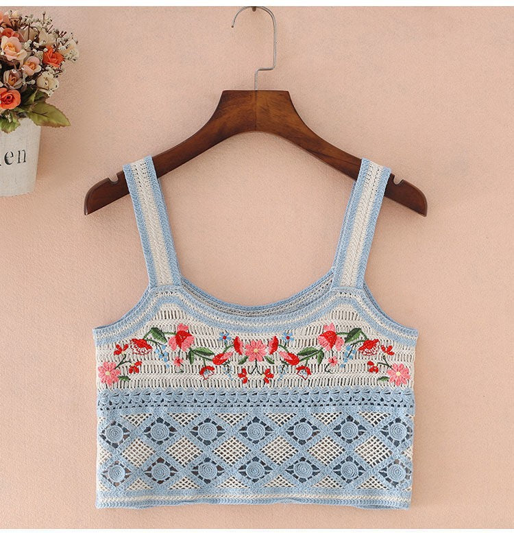 Hollow Knitted Short Inner Knitted Embroidery Sexy Small Sling Vest