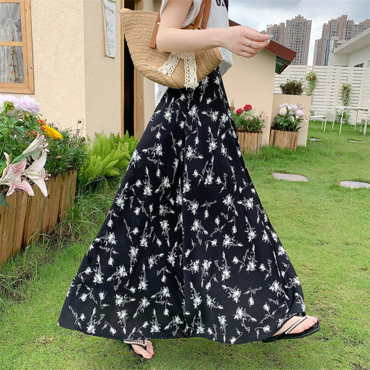 Blomstret stor swing halvlang stram talje parasolnederdel chiffon