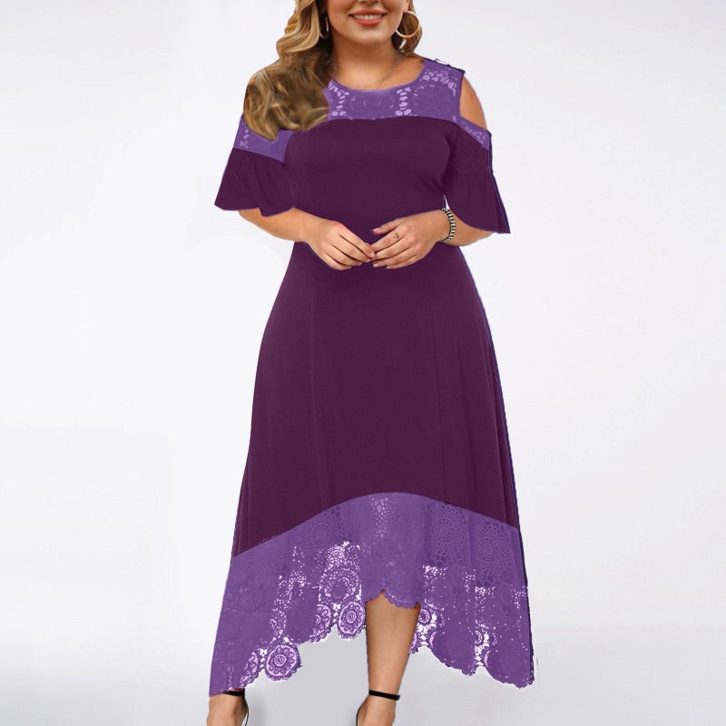 Solid-color Lace High-waist Crew-neck Wrap Dress