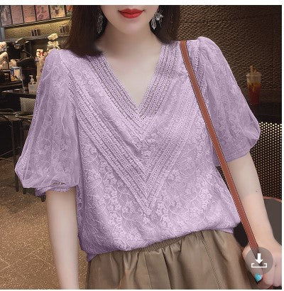 Ladies Style V-Neck Pullover Puff Sleeve T-Shirt