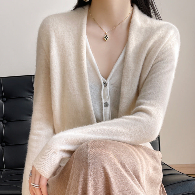 Pure Wool Women's Spring And Autumn V-neck Stitching Coat Knitted Top