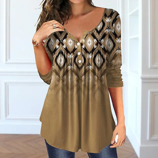 Beauty Summer Loose V-neck Pullover Short Sleeve Button Printed T-shirt